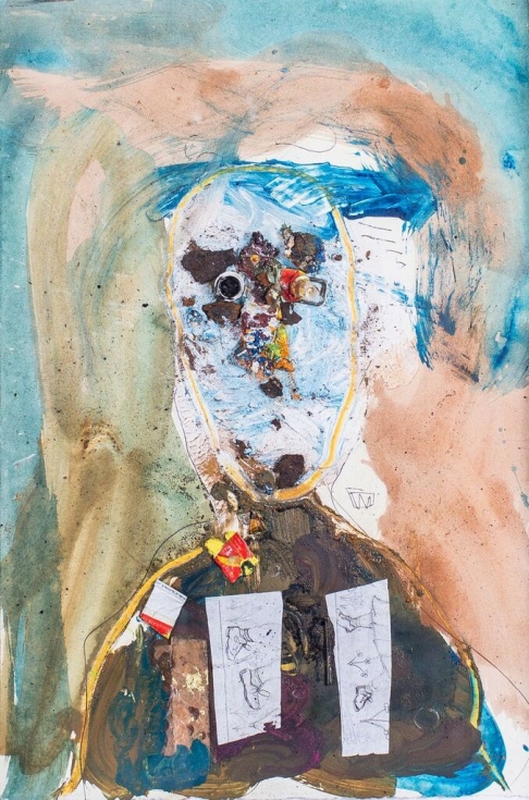 Charles Bronson by Leroy Miranda Jr. | Mixed media assemblage using oil and acrylic paint and found objects on archival paper. Framed with Charles Bronson